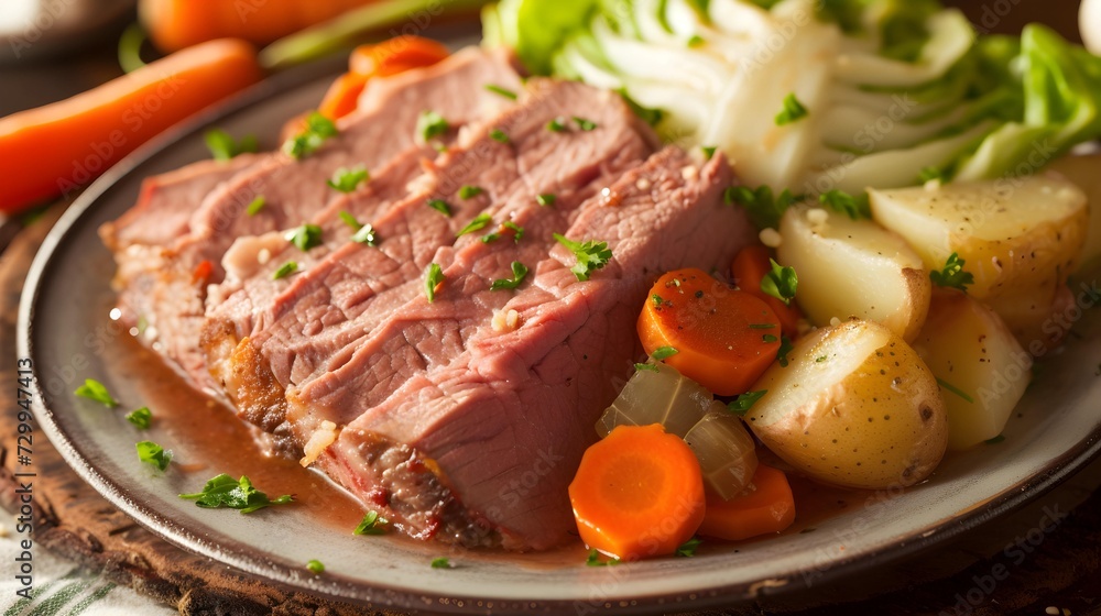 Hearty meal of tender sliced beef roast with carrots, potatoes, and fresh herbs on a rustic plate.
