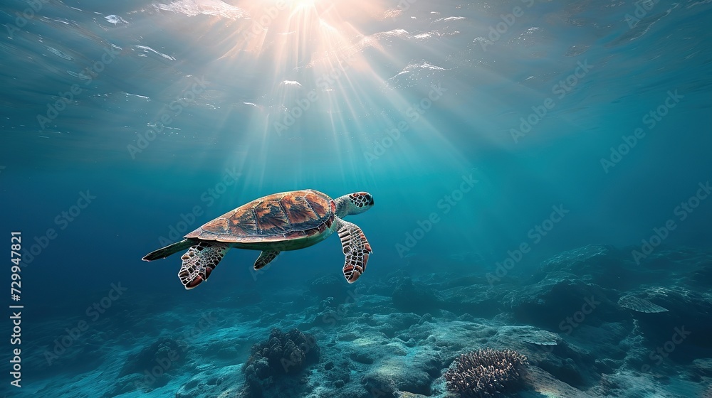 Obraz premium Turtle swimming in sea. Image of animal. copy space for text.