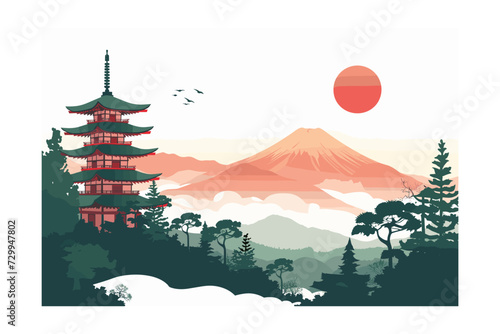 vector illustration of Japanese Traditional Pagoda with Misty Mountain Background