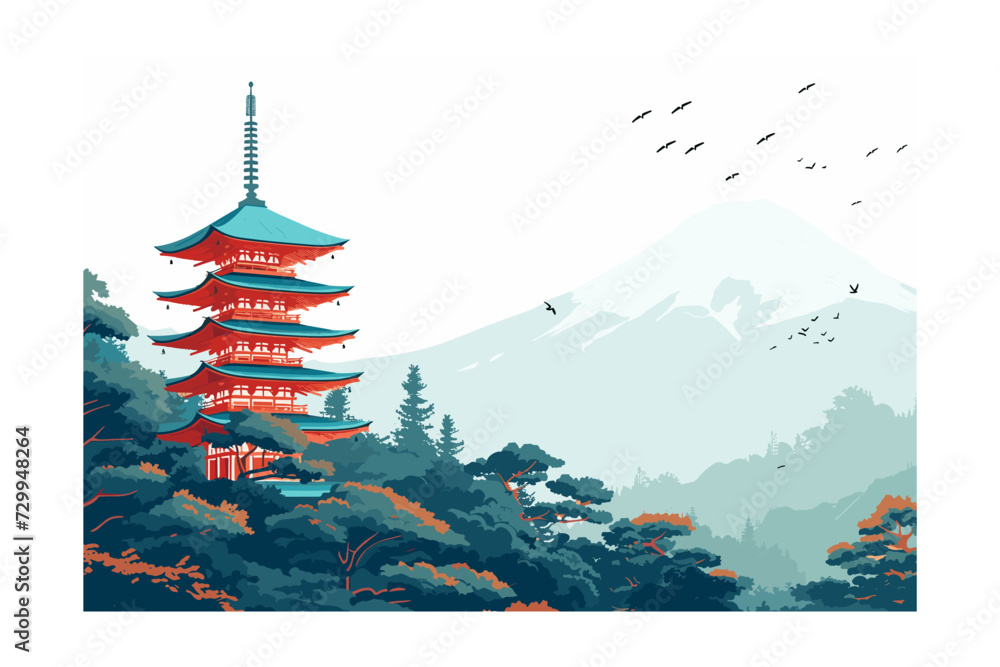 Fototapeta premium vector illustration of Japanese Traditional Pagoda with Misty Mountain Background