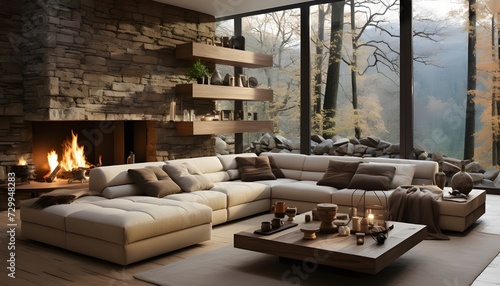 Minimalist Elegance: Beige Sofa and Stone Fireplace in a Cozy Living Room