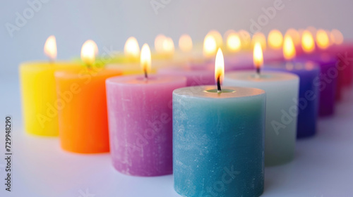A row of multicolored candles glowing softly on a pristine white surface