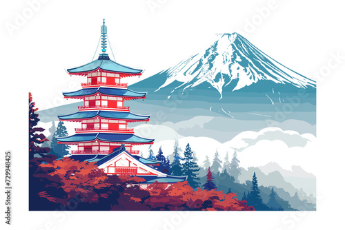 vector illustration of Japanese Traditional Pagoda with Misty Mountain Background