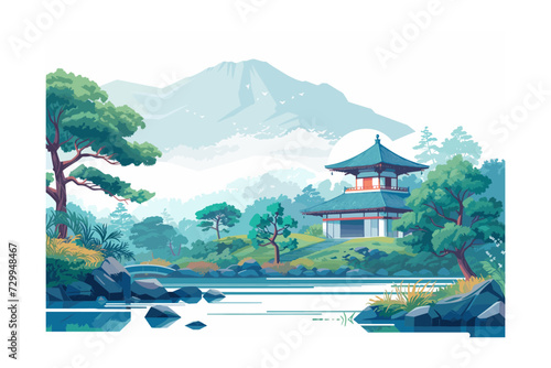 vector illustration of Japanese Traditional Pagoda with Misty Mountain Background