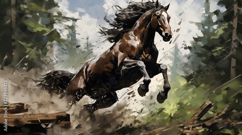Wild horse racing through the forest  Oil painting