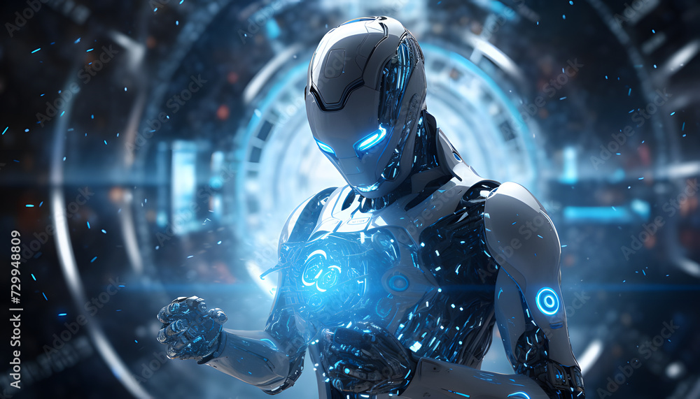 white robot image ai technology sci fi style neon blue