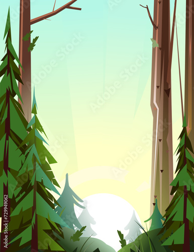 Morning sunrise in forest landscape. Countryside. Fields and vegetable gardens. Funny cartoon style. Picture vector