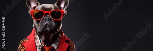 Cool looking French bulldog dog wearing funky fashion dress-red jacket,tie,suglasses.Banner with space for text.Concept of advertising a product or service (Internet,television,nightclub,technology).