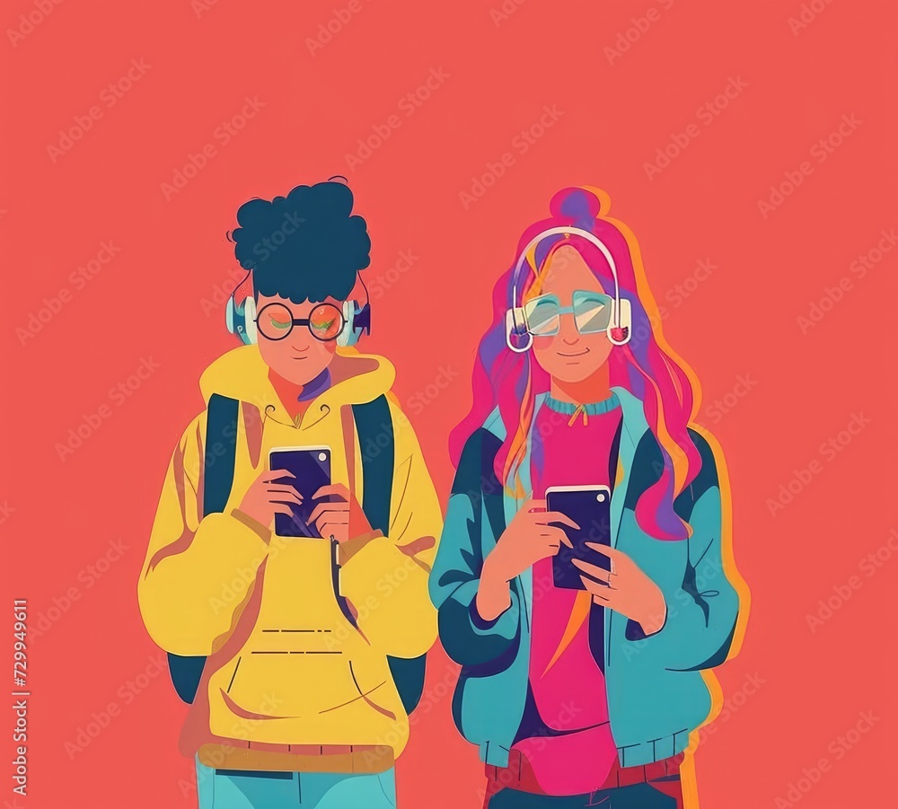 Colorful illustration of a couple of young people, students using phones Colorful illustration of a couple of young people, students using phones