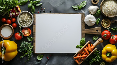 Rectangular blank white empty paper board with vegetables mockup on the kitchen table for text advertising message, space for text, healthy food cooking recipe menu concept photo
