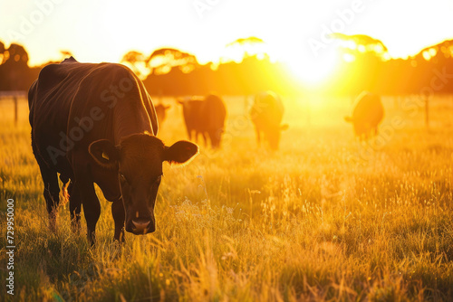 Cows peacefully grazing in golden sunset light © Veniamin Kraskov
