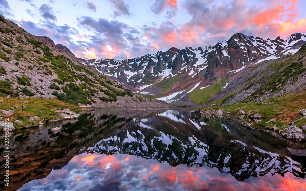 Sunset in magenta tones. Glacial lake high in the mountains. Atmospheric purple landscape with a lake