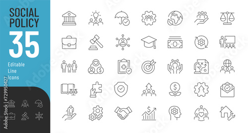 Social Policy Line Editable Icons set. Vector illustration in modern thin line style of flow process related icons: education, reform, services, welfare, health care, legislation, society, and more. 