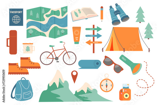 set for eco Traveling . hiking equipment, camping in nature in mountains. Ecotourism. vector illustration