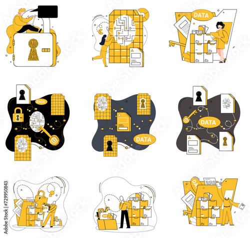Data mining vector illustration. Datacenters are beating hearts where pulse information is carefully monitored Information landscapes blossom under nurturing care precise data mining methodologies