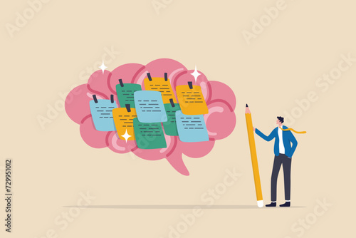 Idea memo, brainstorm or scrum sticky notes, productive plan, memory or task reminder, mind map for work arrangement, thought and wisdom concept, businessman write sticky notes on human brain.