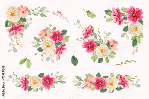 pink white floral bouquet watercolor collection