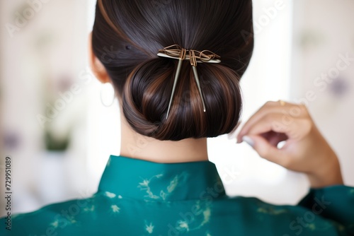 glossy espresso hair twist featuring a jade hair fork