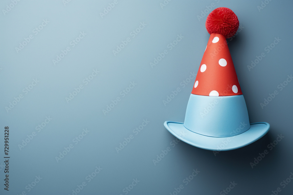 Multicolored clown hat on a blue background with space for text. April Fool's Day. Generated by artificial intelligence - obrazy, fototapety, plakaty 
