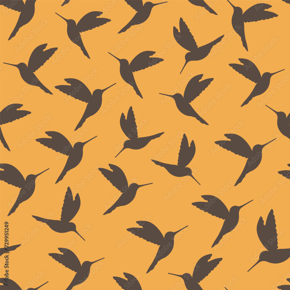 Dark grey hummingbird silhouettes on yellow background. Seamless pattern. Dark grey hummingbird silhouettes on yellow background. Seamless pattern.