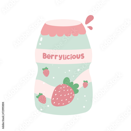 Cute kawaii strawberry yogurt drink vector