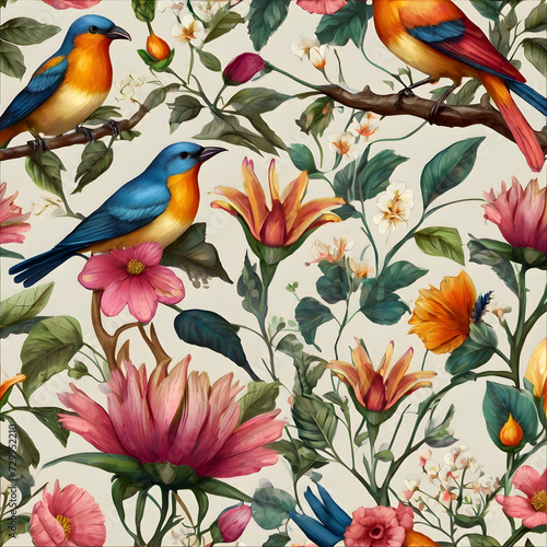 seamless pattern with birds and flowers ,Ai generated 