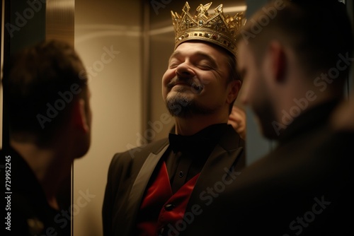 crowned man in elevator, looking down at others with smirk photo