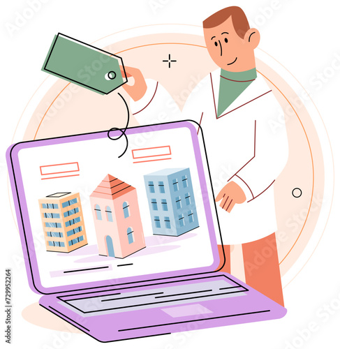 Real estate search. Vector illustration Buyers utilized real estate search concept to find their dream home People looking for home considered their budget and preferences Investing in house through