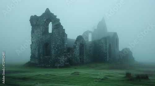 Majestic Celtic castle ruins, draped in morning fog, embodying the mystery of Celtic history