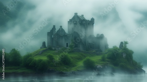 Majestic Celtic castle ruins, draped in morning fog, embodying the mystery of Celtic history