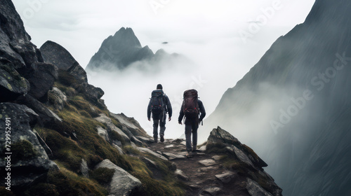 A trekker walks up a rocky mountain, hiker view from behind with a foggy view..