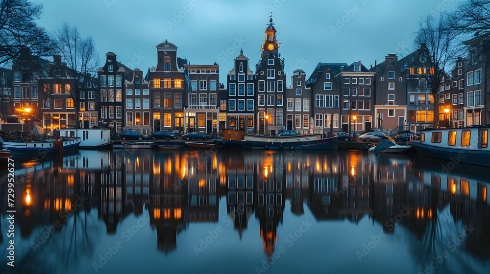 Naklejka premium Amsterdam after dark: illuminated canal houses and their mirrored reflections