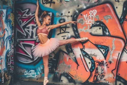ballet dancer en pointe at a graffiticovered wall