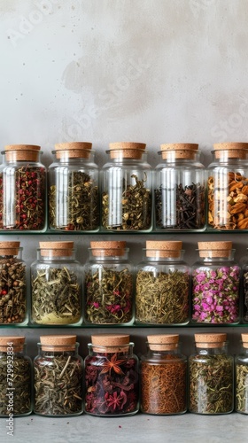 Assortment of Herbal Teas in Glass Jars on Shelves