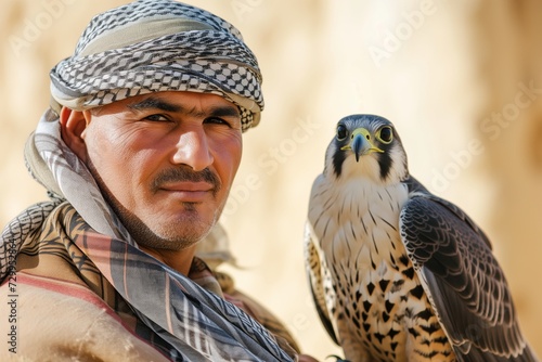 portrait of a man in headscarf with a falcon