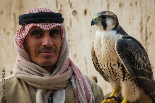 portrait of a man in headscarf with a falcon © studioworkstock