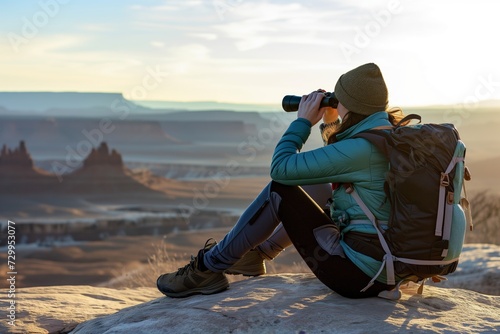 hiker sitting on rock using binoculars to view distant landscape photo