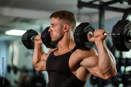 bodybuilder doing shoulder press with heavy dumbbells