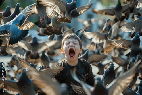 Boy screaming amidst pigeons flying at park