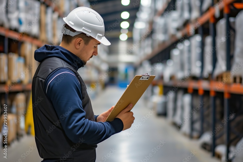 professional taking notes on clipboard in a distribution hub professional taking notes on clipboard in a distribution hub