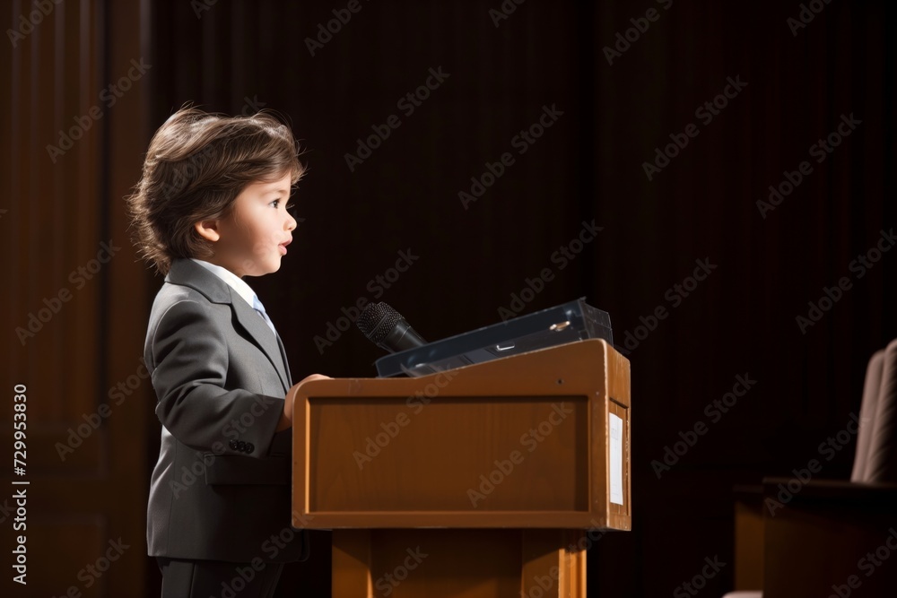 young child in a suit standing at a podium as if giving a speech