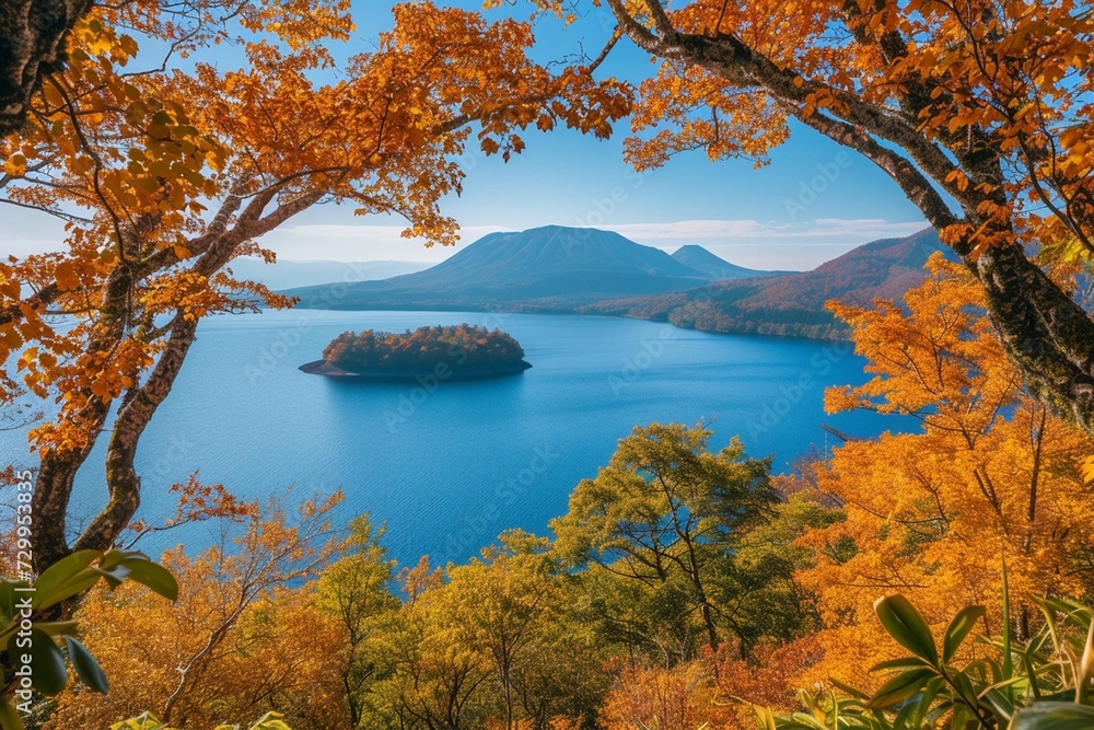View of lake Toya framed by autumn trees