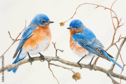 Two male bluebirds on perch