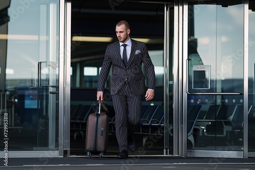 businessman in a pinstripe suit exiting an airport with a carryon photo