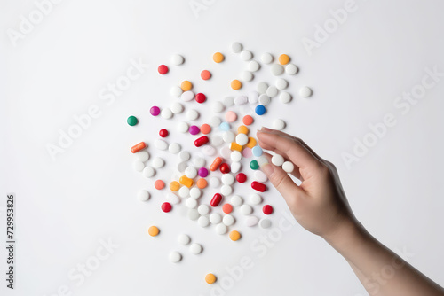The hand is holding many colorful pills, concept of drug abuse
