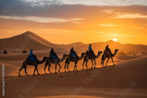 tourists on camels crossing desert dunes at sunrise