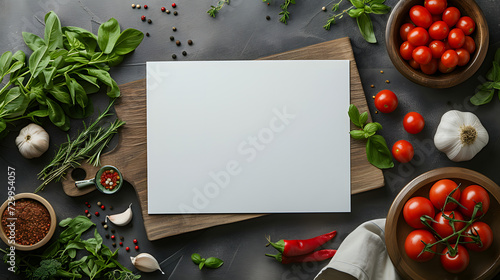 Rectangular blank white empty paper board with vegetables mockup on the kitchen table for text advertising message, space for text, healthy food cooking recipe menu concept