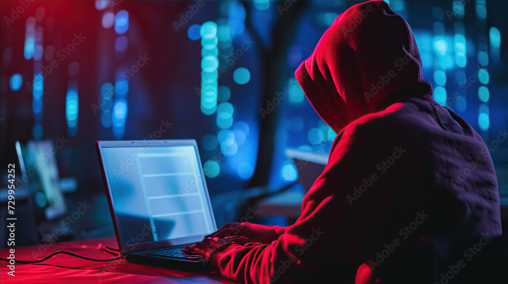 .A male hacker in a hooded jacket is sitting at a computer .A male hacker in a hooded jacket is sitting at a computer