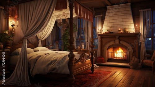 A cozy bedroom with a canopy bed, flowing curtains, and a warm, traditional fireplace
