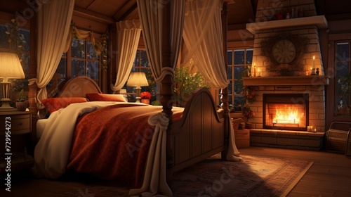 A cozy bedroom with a canopy bed, flowing curtains, and a warm, traditional fireplace © BITHUBS